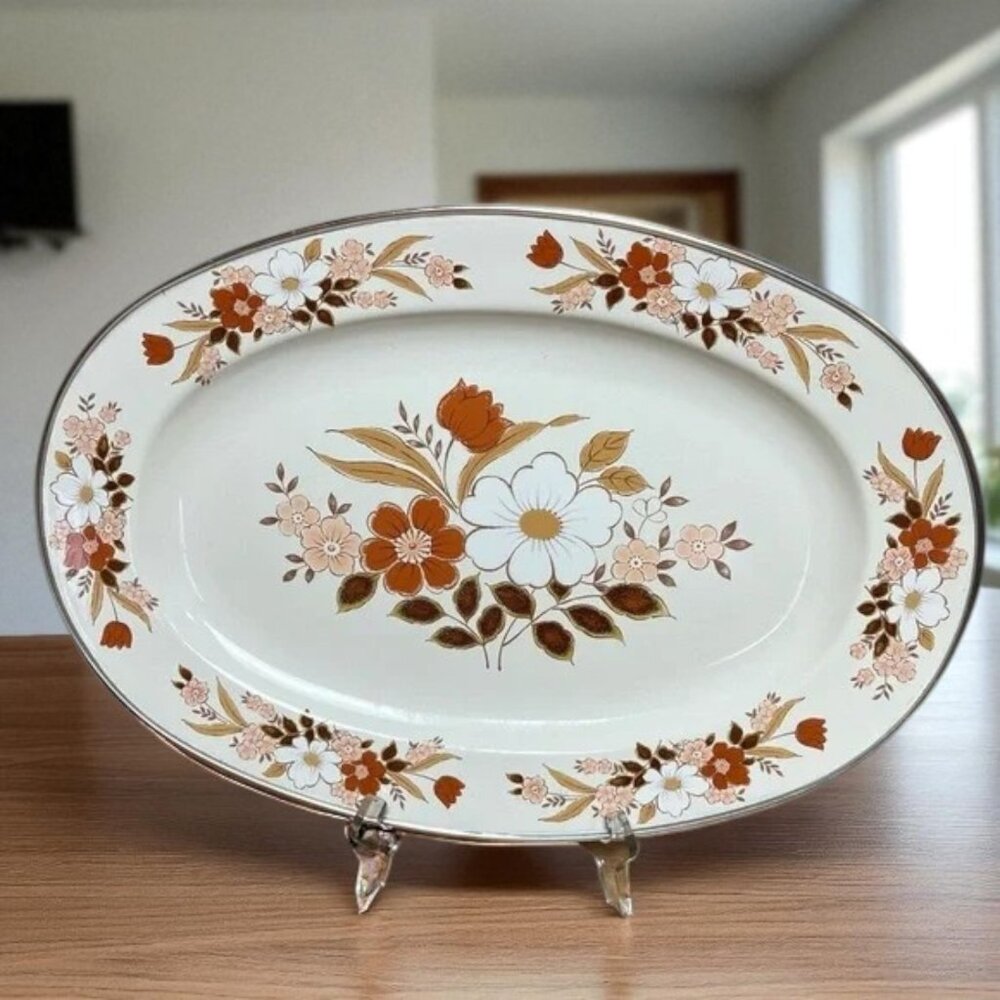 Vintage Enamelware Serving Tray Platter Floral Holiday Dining 17" Large Japan